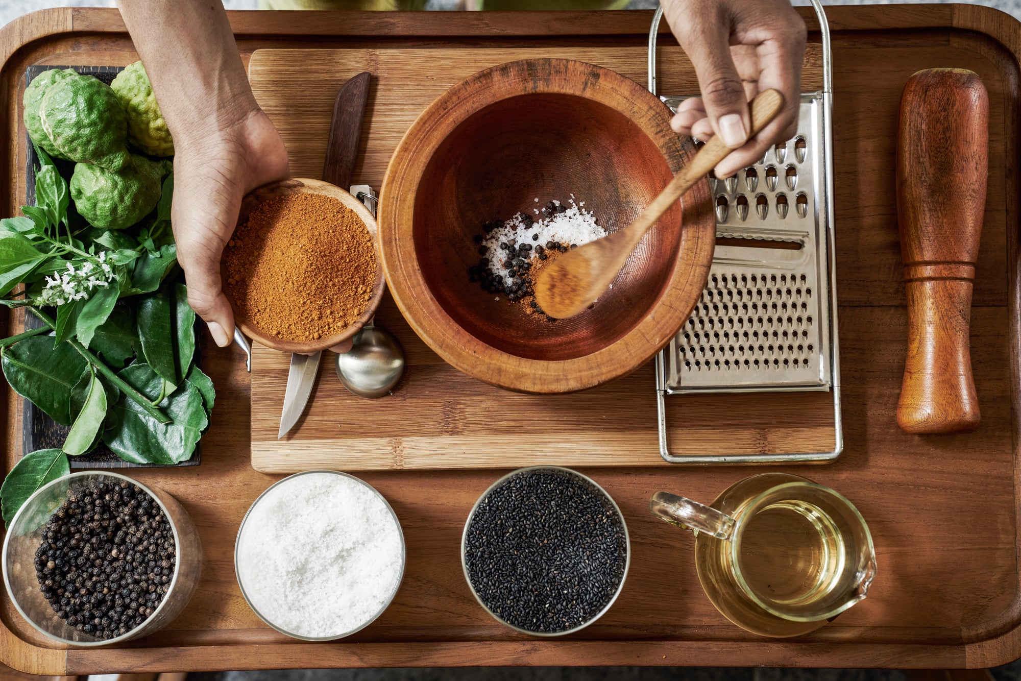 Pepper, salt and herbs prepared for a scrub at the Alchemy Bar, Six Senses Krabey Island