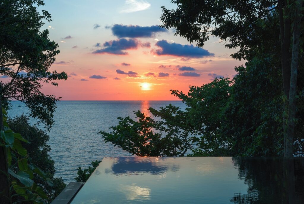 Ocean Pool Villa Suite pool at sunset, Six Senses Krabey Island