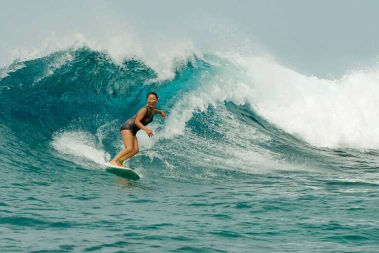 Surfing at the Yin Yang break, Six Senses Laamu
