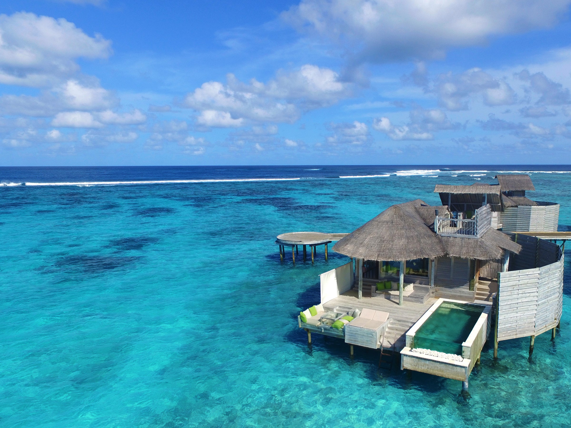 Laamu Water Villa with pool, aerial view, Six Senses Laamu