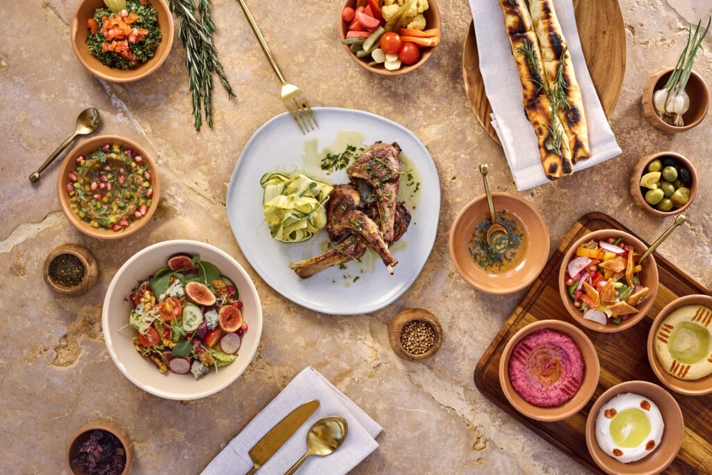 A table of dishes from Bariya, Six Senses Southern Dunes