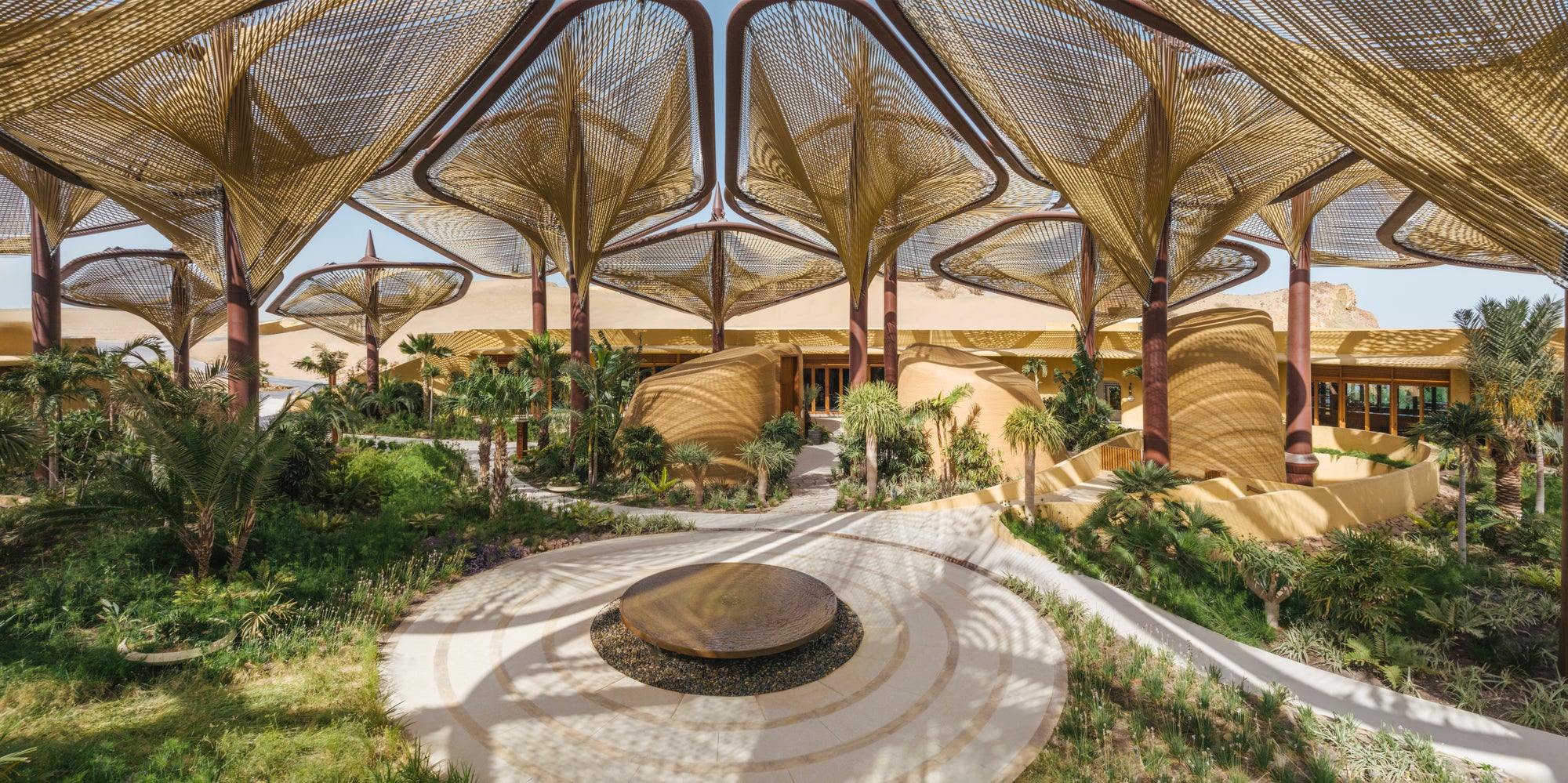 The rope-clad petals of the Oasis canopy above the planting beneath, Six Senses Southern Dunes