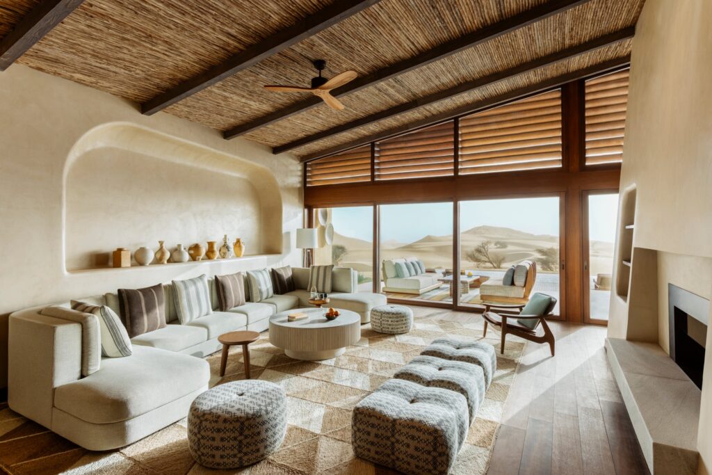 The living area of The Retreat villa, Six Senses Southern Dunes
