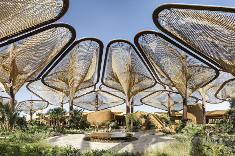 The Oasis Flower-Shaped Canopy Entrance, Signature Structure by Foster + Partners, Six Senses Southern Dunes