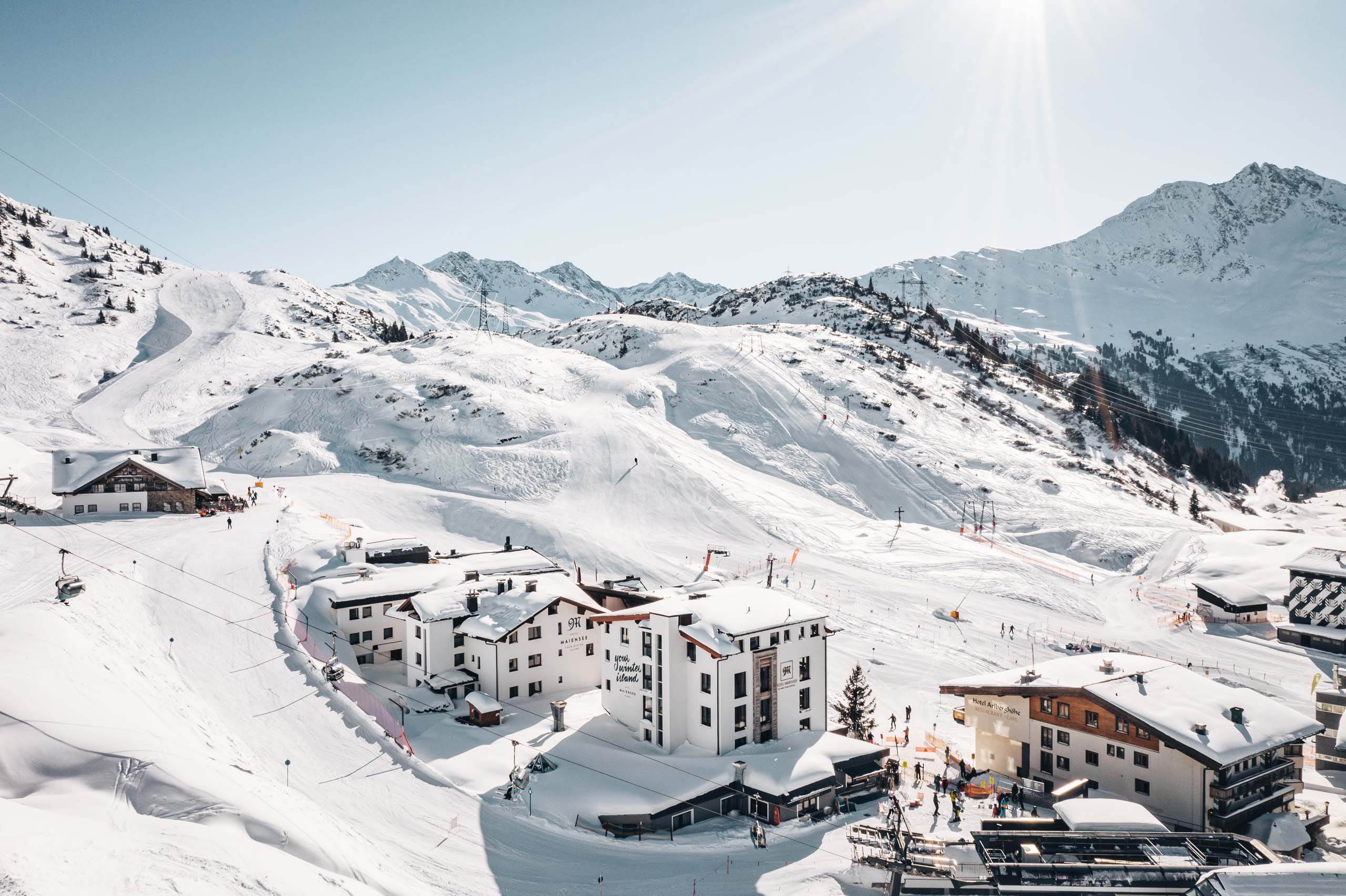 The hotel and village of St. Christoph from above, Ski Hotel Maiensee
