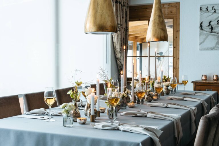 Long table laid for a private dinner, Ski Hotel Maiensee