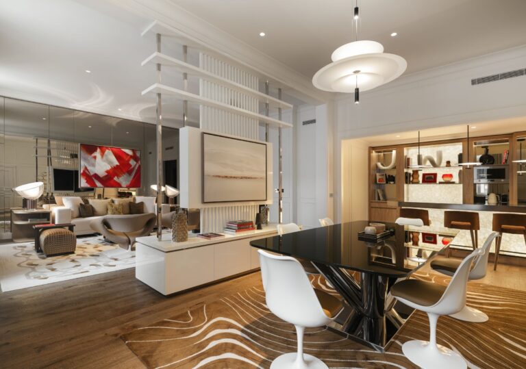 Living area and dining table in the Opera Suite, the largest suite in the hotel, Sofitel London St James
