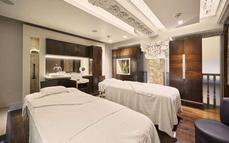 The couples treatment room at Sofitel Spa, under an original carved ceiling, Sofitel London St James