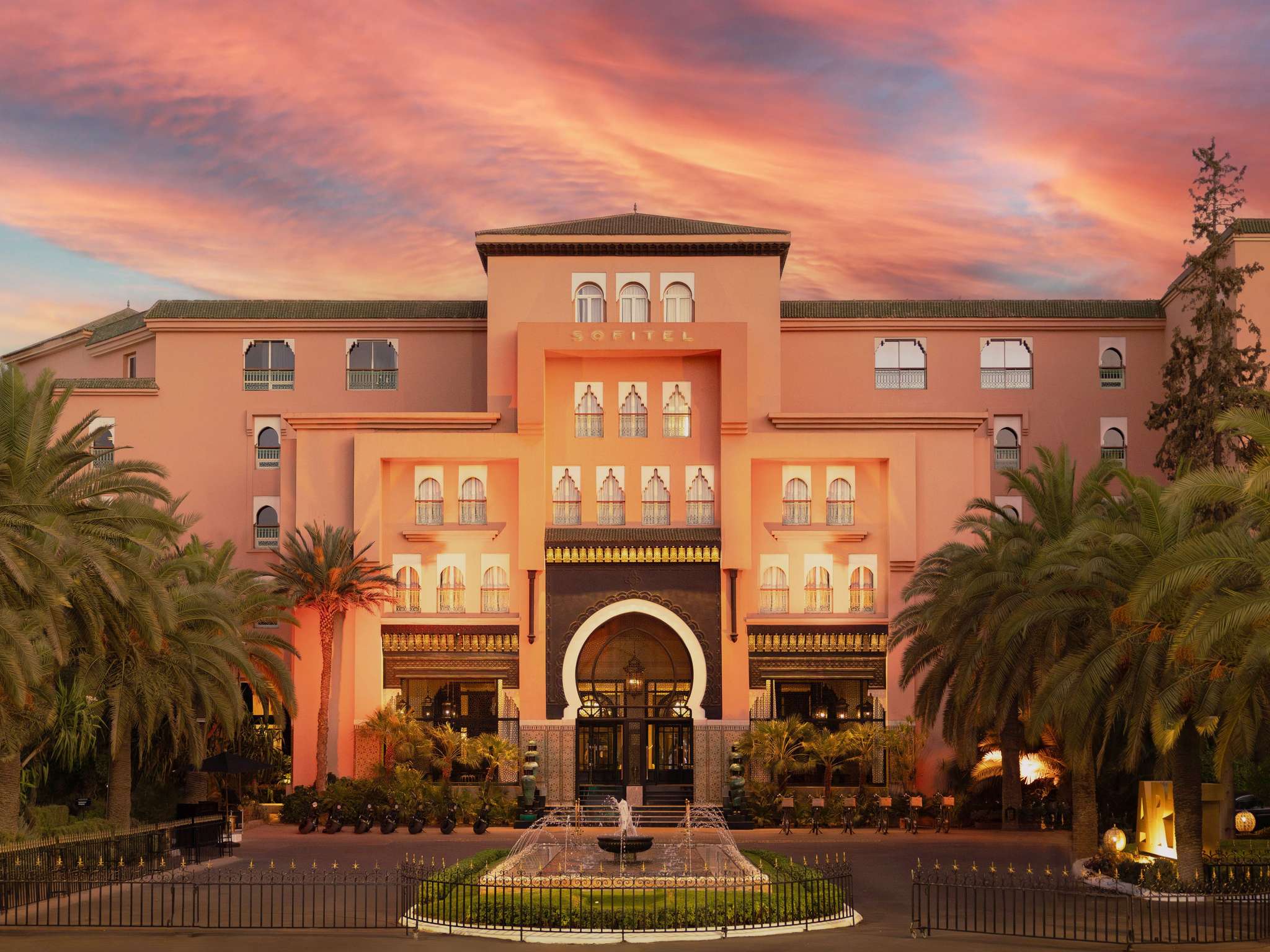 Facade of the hotel at dusk, Sofitel Marrakech Lounge and Spa