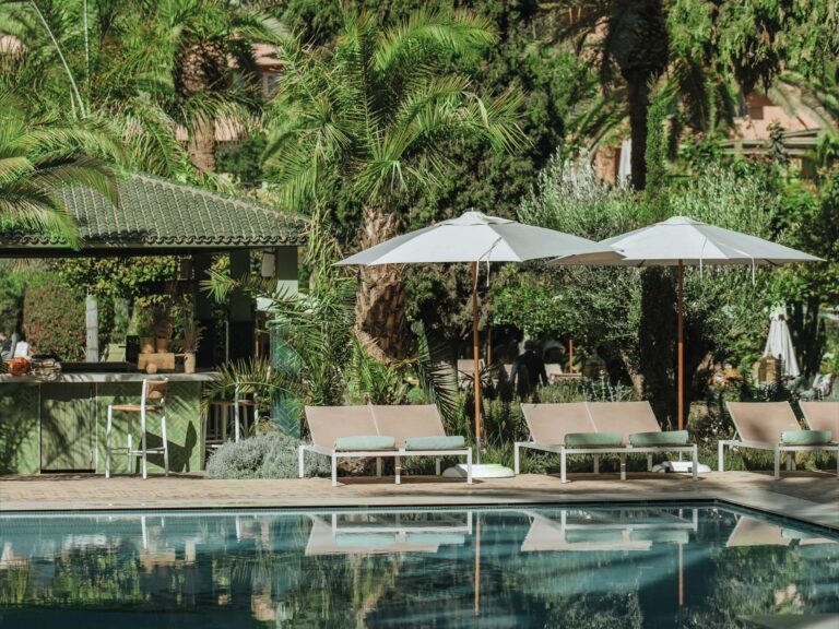 Sun loungers and parasols among the palms, Sofitel Marrakech Lounge and Spa