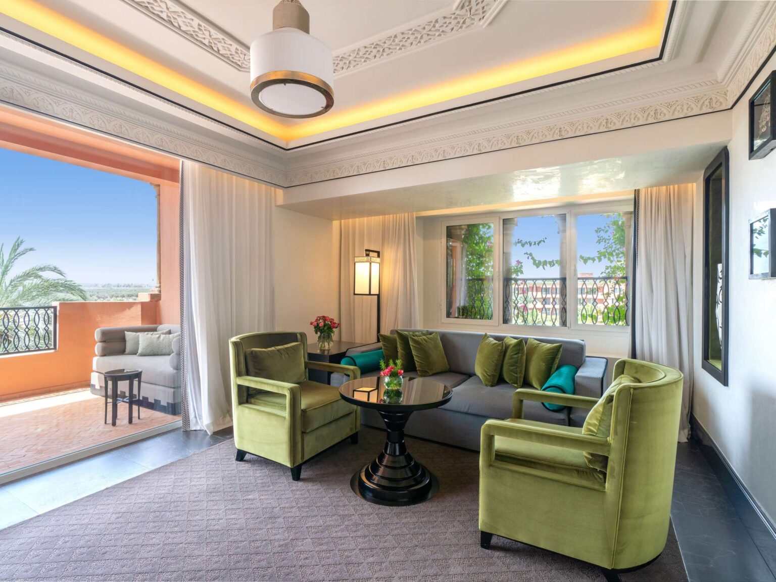 A suite sitting area with balcony