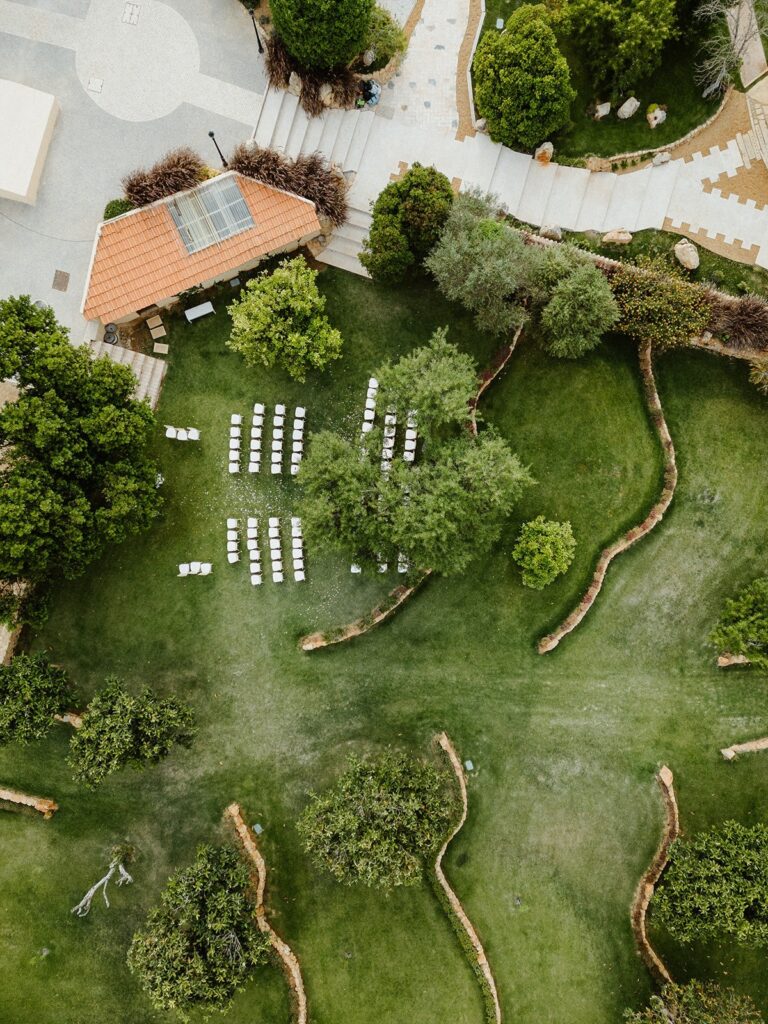 Aerial view of a ceremony in the gardens, Solar do Paço Algarve