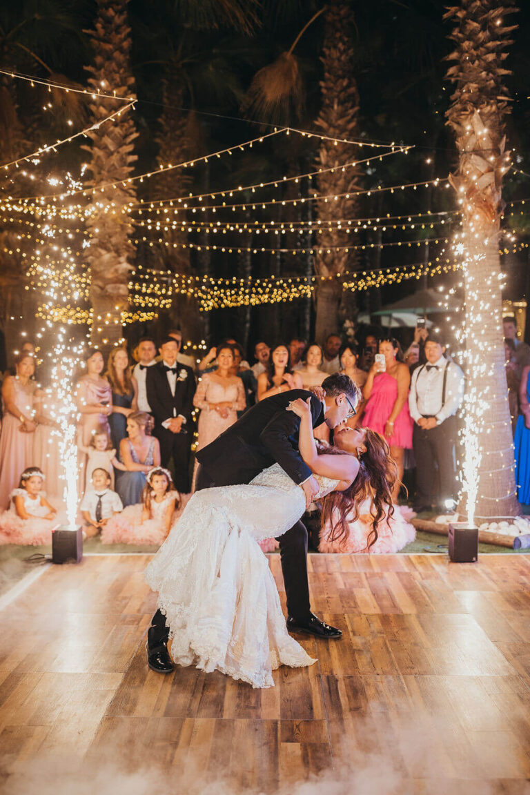 First dance with cold sparklers under festoon lights, Sonho a Dois Algarve Wedding Planners
