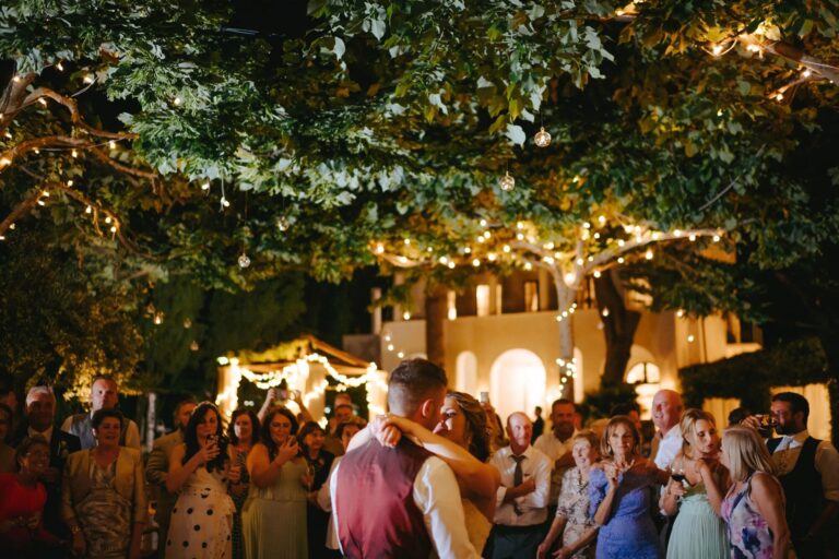 First dance under the trees and string lights at Villa Eva, Ravello, Sophisticated Weddings