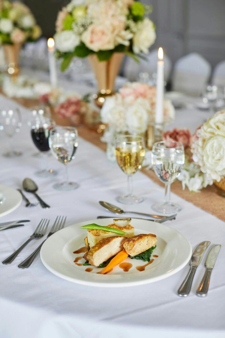 A plated course on a dressed table, Sopwell House
