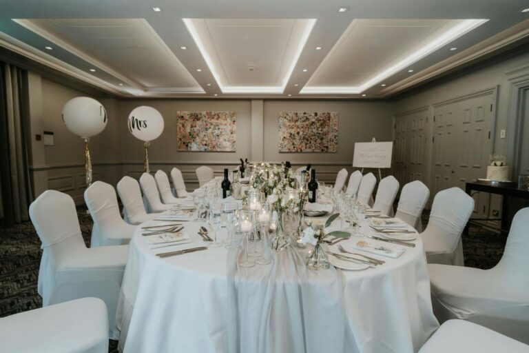 A private room set with round tables for a wedding breakfast, Sopwell House