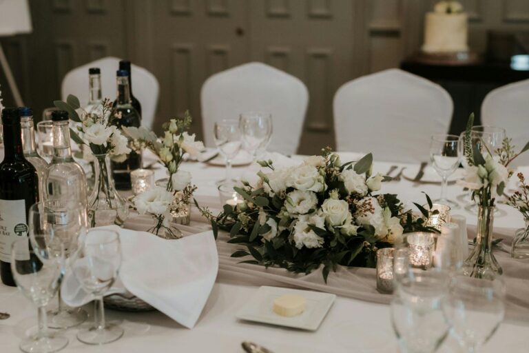 A table dressed in white linen and flowers, Sopwell House