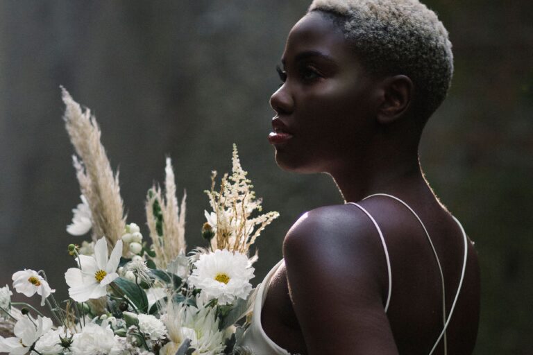 Bridal portrait, a crown of pampas grass and dried flowers, Sorcha Herbert Flowers