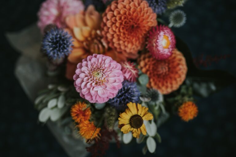 A dahlia, marigold and sunflower bouquet, autumn colour, Sorcha Herbert Flowers