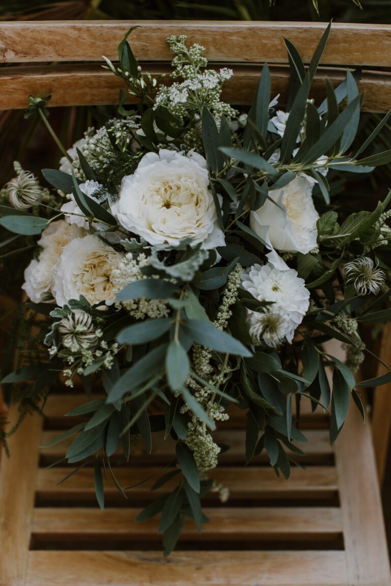 A crate of white peony and eucalyptus, Sorcha Herbert Flowers