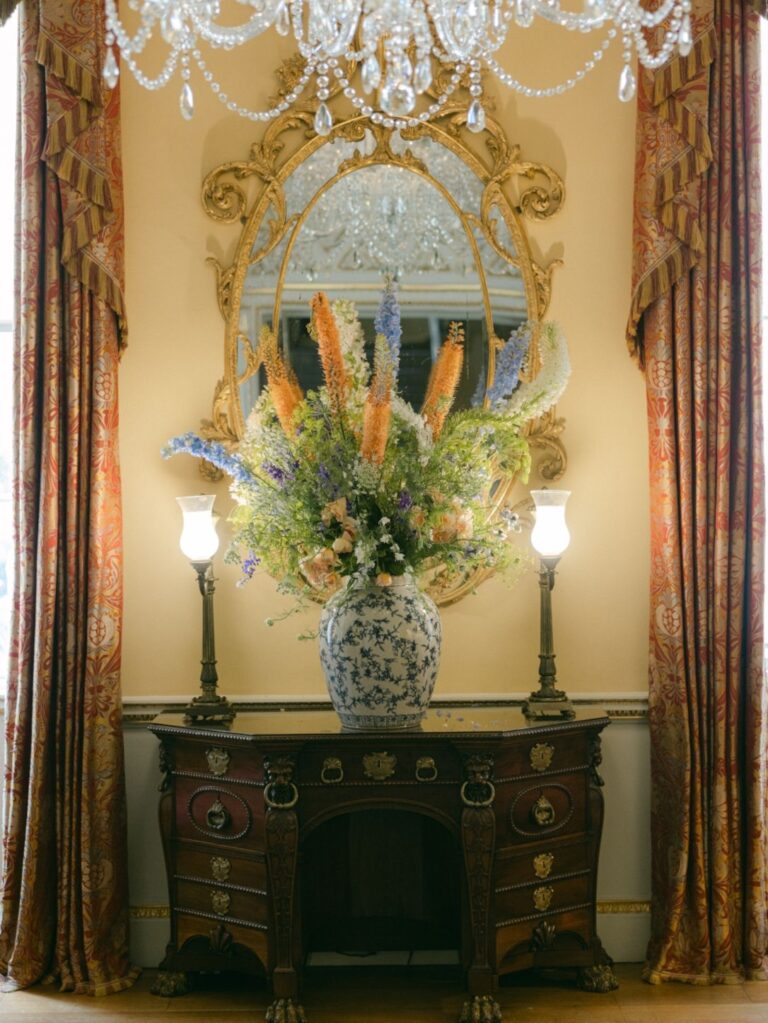 A floral display in the Ante Room, framed by Stuart's neoclassical decoration, Spencer House