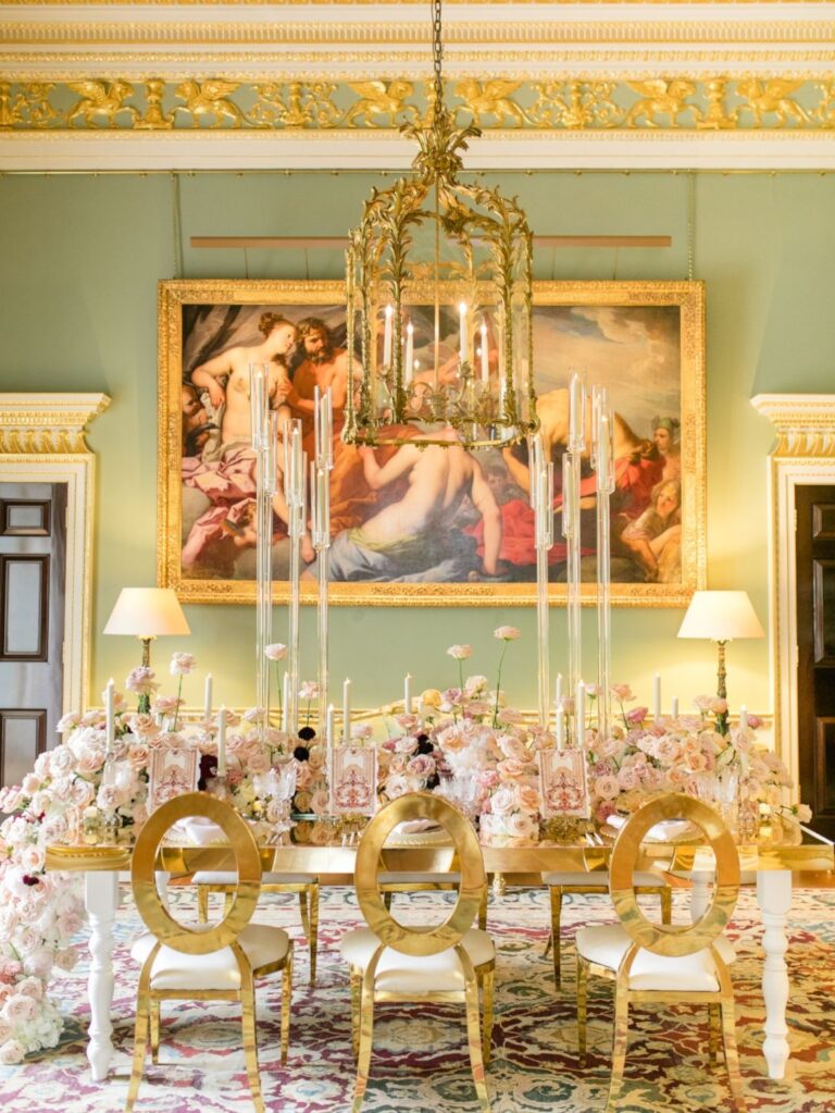 A floral arrangement in the Palm Room, beneath its gilded palm columns, Spencer House