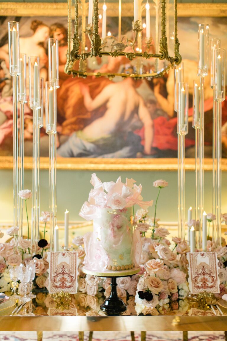 A blush and pink floral arrangement dressed for a wedding at Spencer House, Spencer House