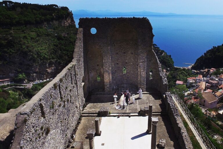 The ruin from above, the terraced hillside and the town and the sea below, Sposa Mediterranea By A&C
