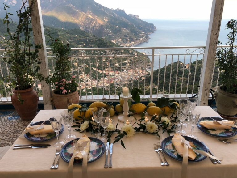 A table for four on a terrace, lemons and yellow dahlias down the centre, Sposa Mediterranea By A&C