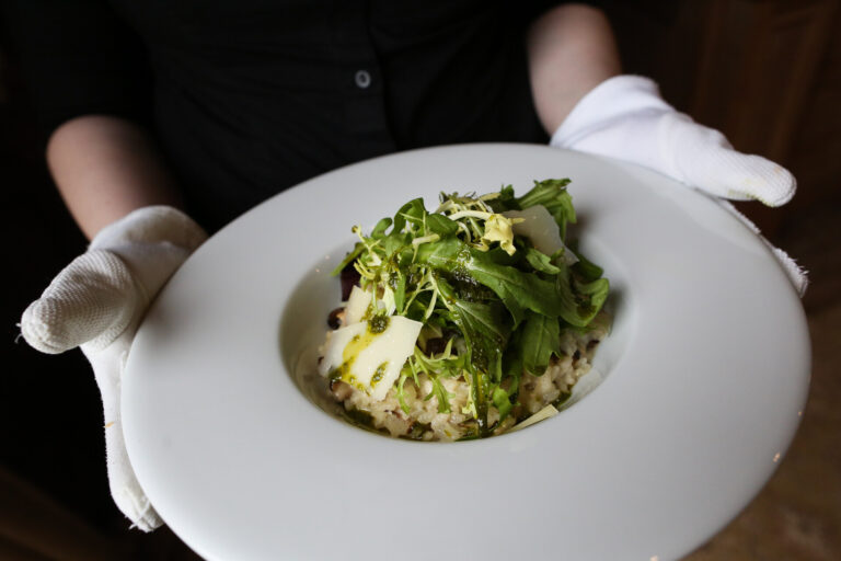 A plated risotto starter topped with dressed leaves, served with white gloves, Springkell
