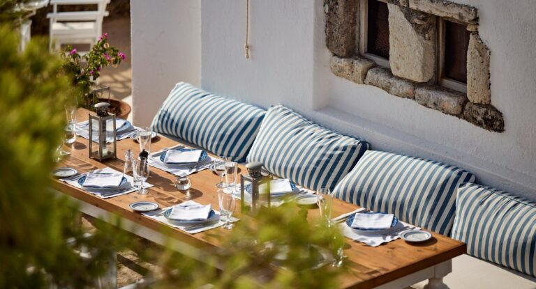 The Greek Kafenion restaurant seating, St Nicolas Bay Resort Hotel and Villas