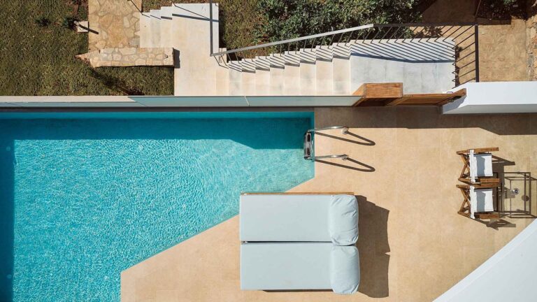 A villa terrace and plunge pool from above, St Nicolas Bay Resort Hotel and Villas