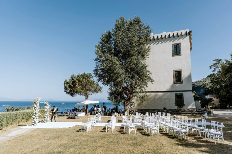 Civil ceremony set-up on the lawn of the Torre di Michelangelo for Simona and Michael, Ischia, Stefania Silvestro