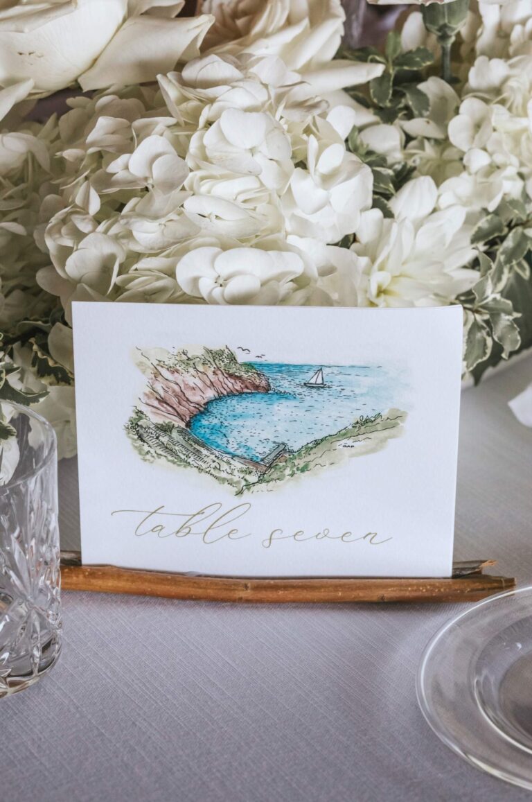 Hand-painted table card among white flowers at Simona and Michael's dinner, Ischia, Stefania Silvestro