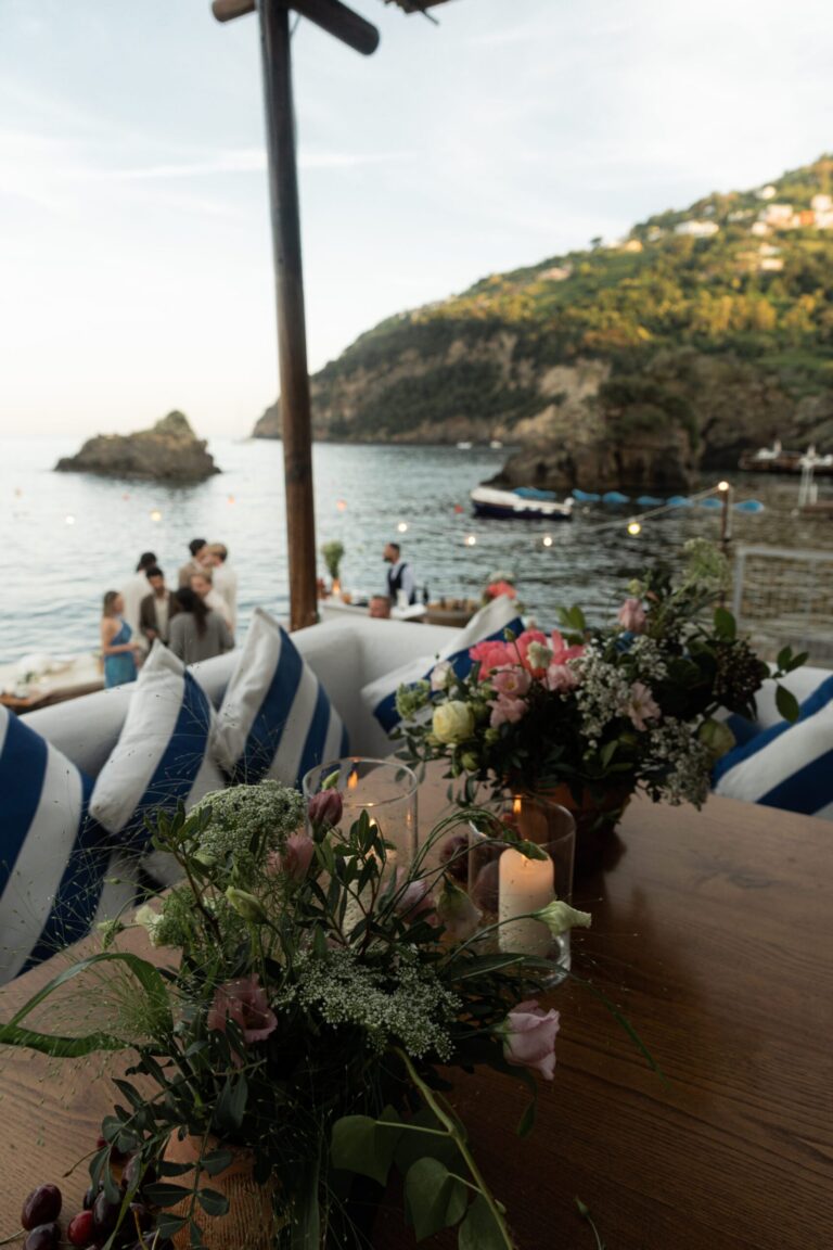 Flowers on the seafront terrace at Giardino Eden for Julia and Jorn's reception, Ischia, Stefania Silvestro