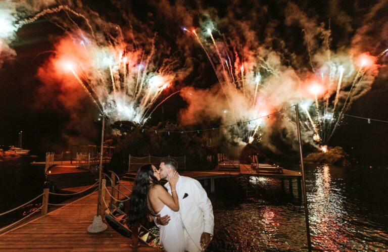 Fireworks over the sea at the end of Simona and Michael's party at Giardino Eden, Ischia, Stefania Silvestro