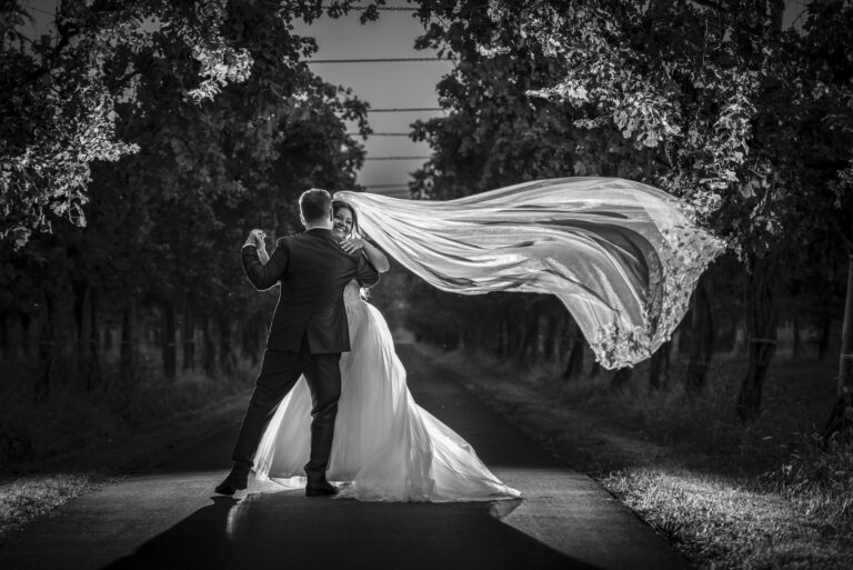 A long veil caught by the wind as the couple dance on a tree-lined avenue, in black and white, Stefano Lunardi