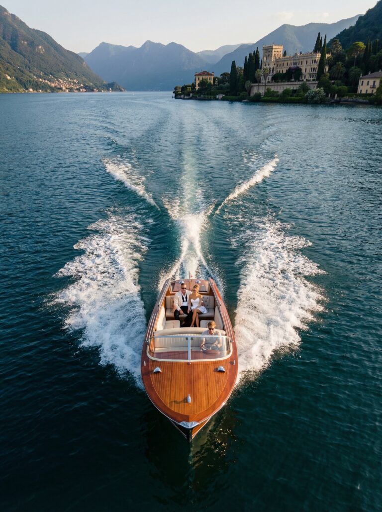 A couple in a wooden motorboat crossing a mountain lake, seen from above, Stefano Lunardi
