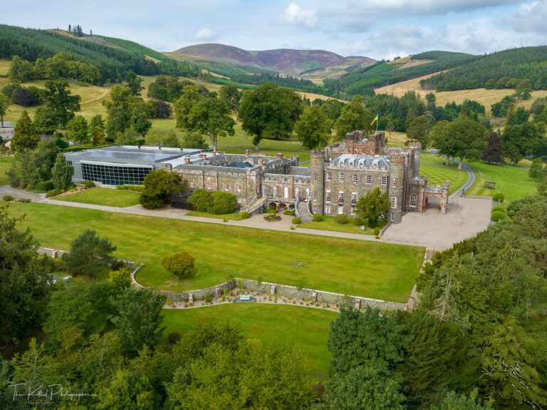 Stobo Castle and grounds from above
