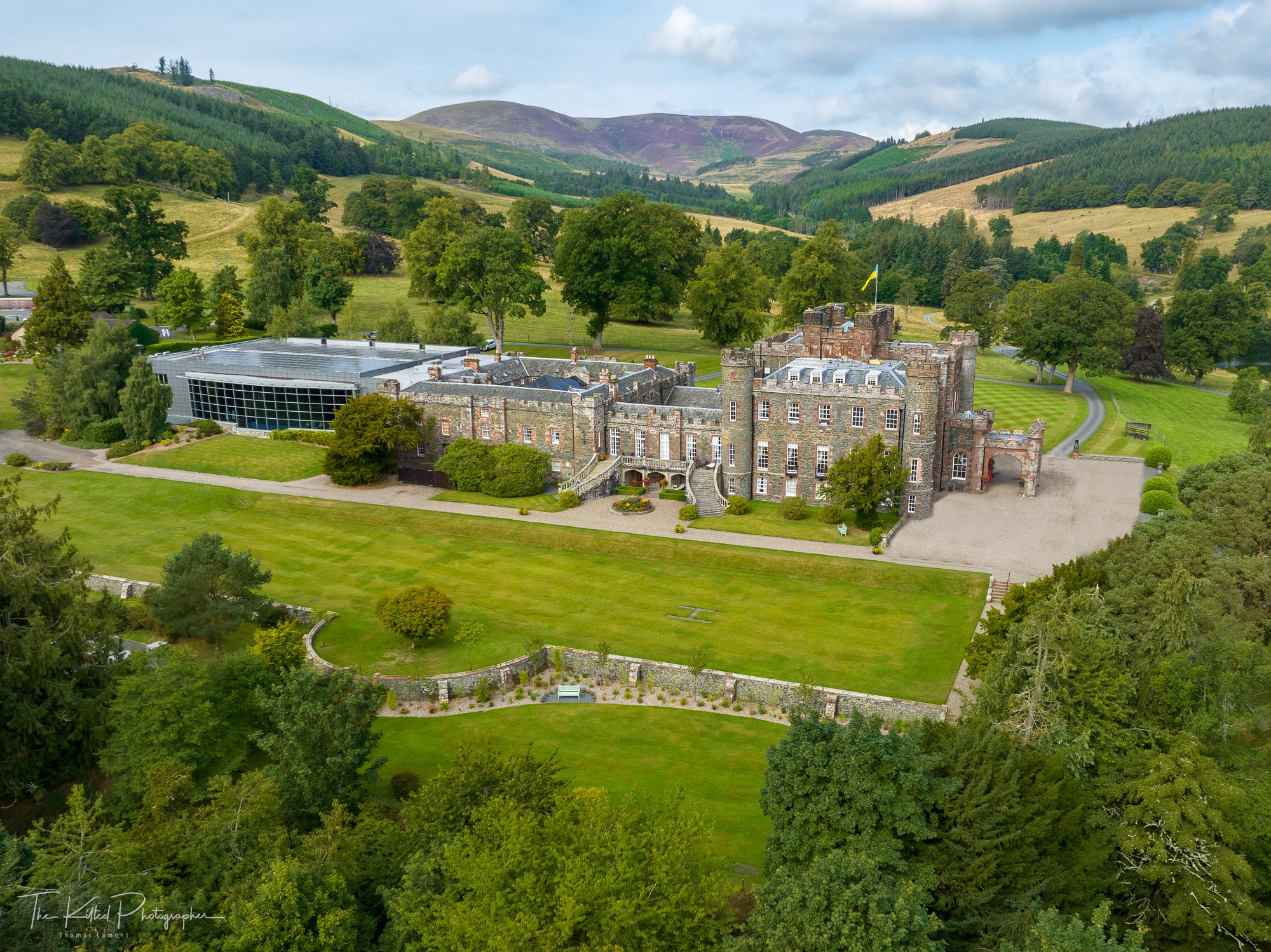 Stobo Castle and grounds from above