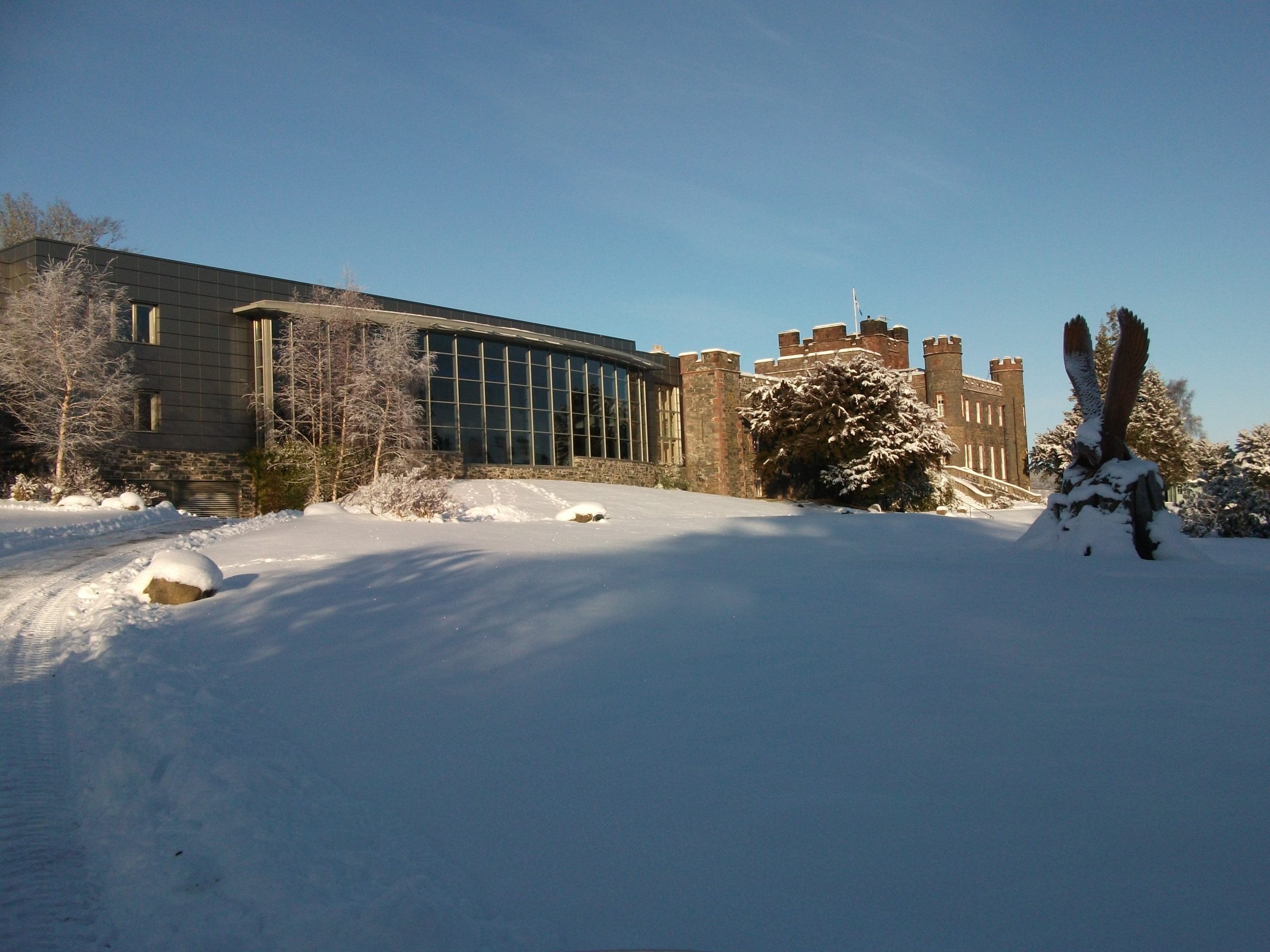 Stobo Castle in winter snow