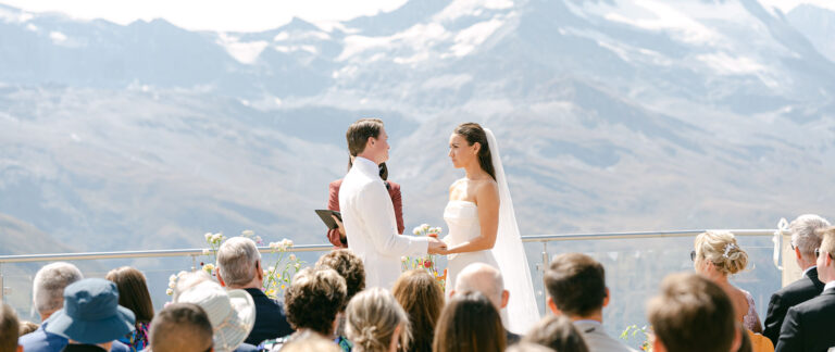 Megan and Dylan exchange vows on the terrace of the Blue Lounge at Cervo Mountain Resort, Zermatt (film still), Story Of Your Day