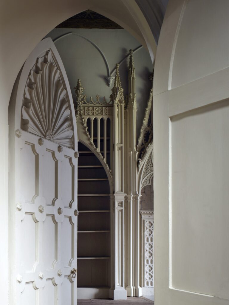 The Library at Strawberry Hill, its Gothic-arched bookcases and painted ceiling, Strawberry Hill House