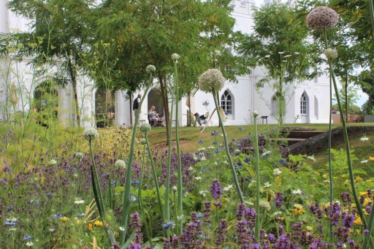 The Grade II* listed garden in summer, lawns running out from the house, Strawberry Hill House