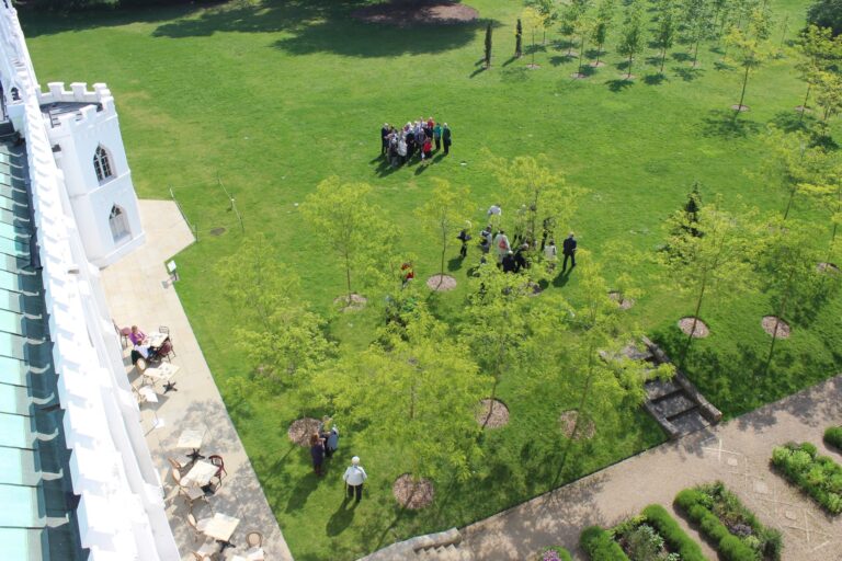 The garden at Strawberry Hill, mature trees and open lawn by the house, Strawberry Hill House
