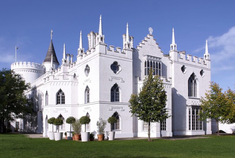 The white Gothic exterior of Strawberry Hill House above the lawn, Strawberry Hill House