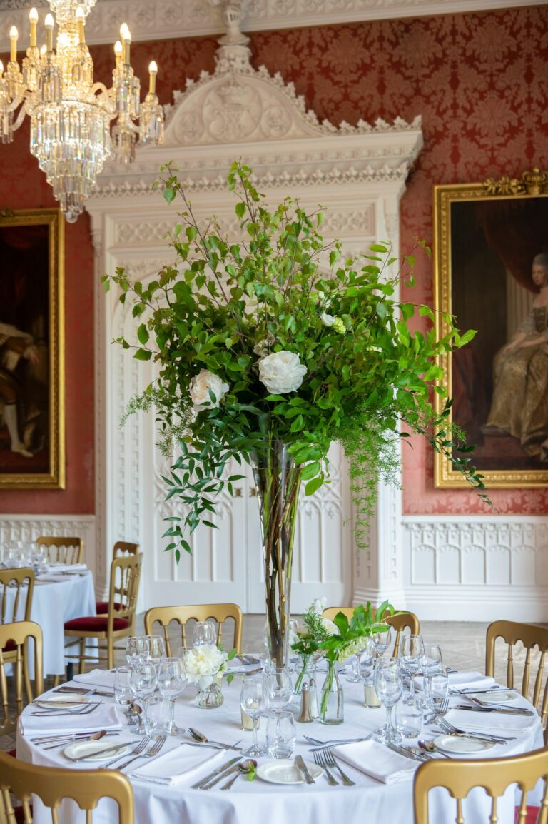 The Waldegrave Suite, tall windows and gilt frames above the set tables, Strawberry Hill House