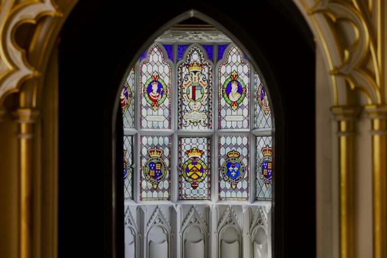 The oriel window of the Round Drawing Room, gilded tracery against the light, Strawberry Hill House