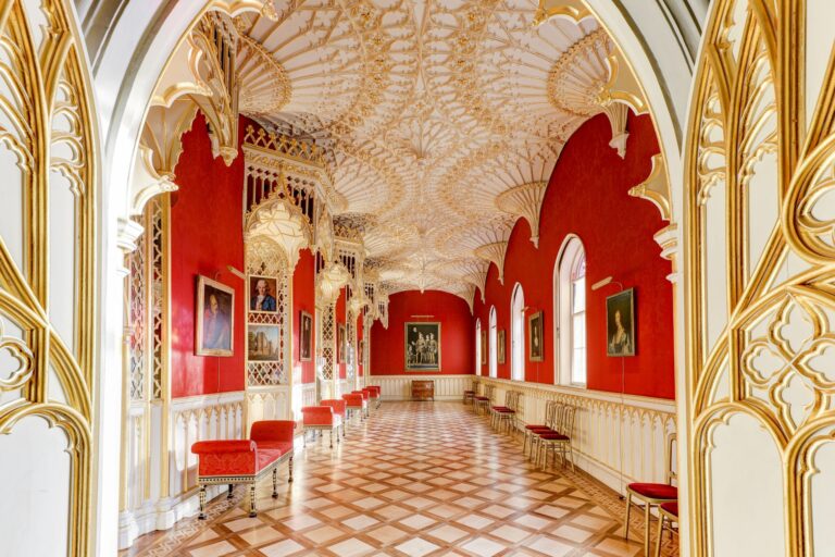 The Gallery, gilded and crimson, one of the most theatrical wedding rooms in London, Strawberry Hill House
