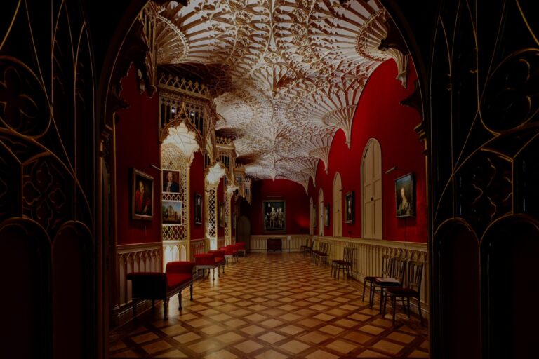 The Gallery's papier-mache fan vault, gilded and fretted above walls of crimson damask, Strawberry Hill House